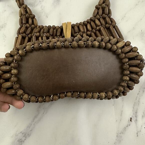 Vintage Wood Beaded Shoulder Bag Purse Brown Boho Tropical Small Festival - Picture 4 of 6